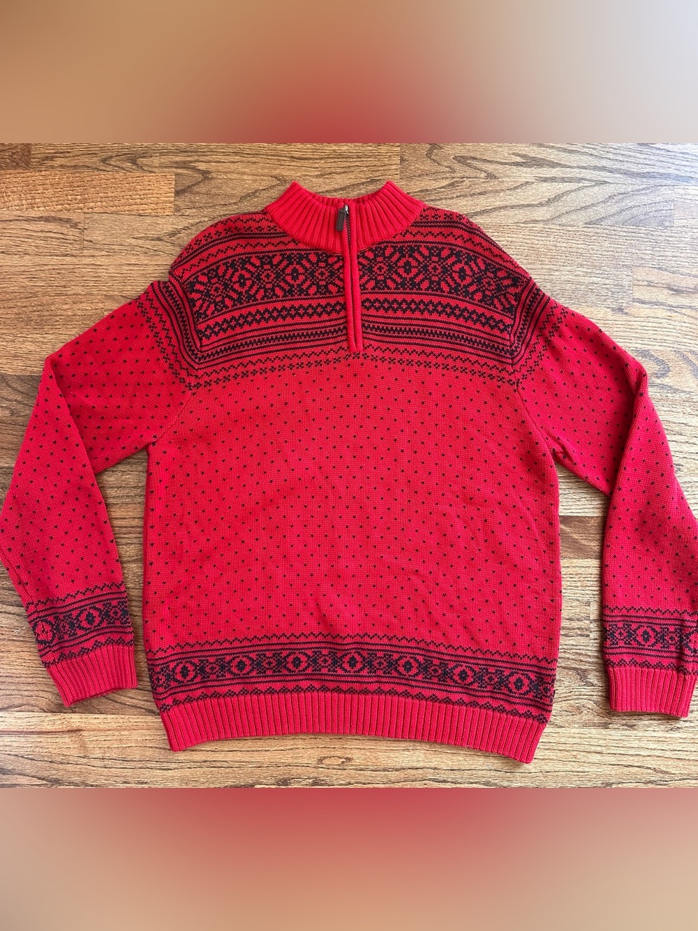 Chaps Mens Quarter Zip Red Sweater Lg Red Fair Isle Nordic Knit Holiday Pullover